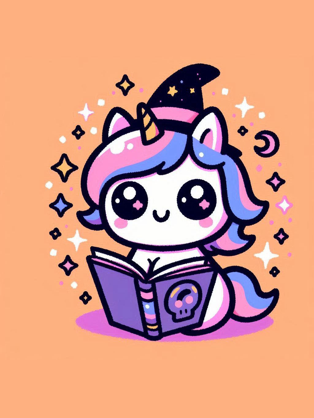 Halloween unicorn illustration ideas featuring a cute unicorn wearing a witch hat, engrossed in a spellbook surrounded by stars and sparkles.
